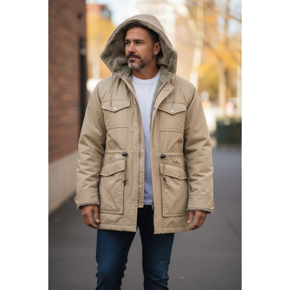 VTG Mighty-Mac Vintage Tan Sherpa Fur Lined Hooded Parka Jacket Mens Made USA XL - Picture 4 of 12